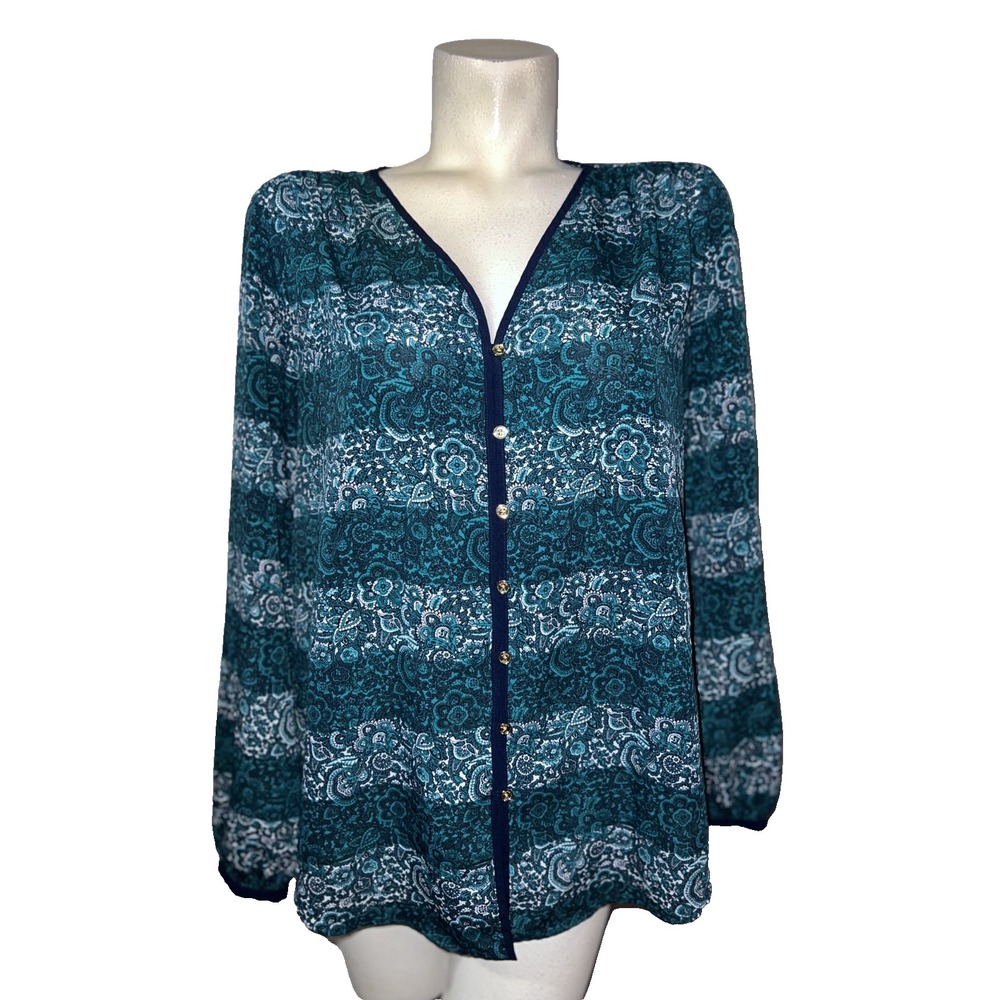Michael Kors Teal Paisley Striped V-Neck Button Blouse Sz L Large Gold Hardware